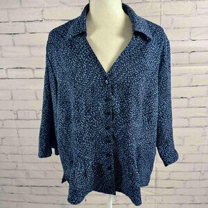 Vintage Norton McNaughton Woman Button Front Blouse 1X Navy Blue Leaf Print
